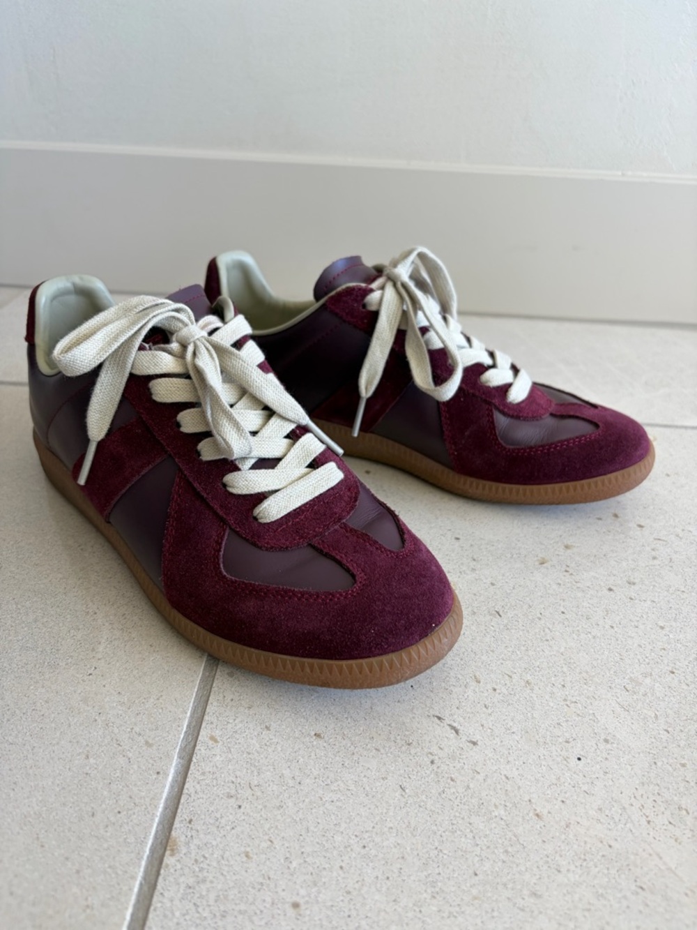 Women’s Burgundy Suede Sneakers with White Laces